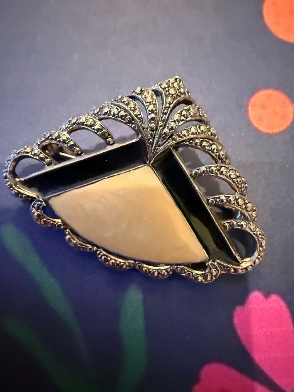 Elegant Black and Cream Art Deco Brooch